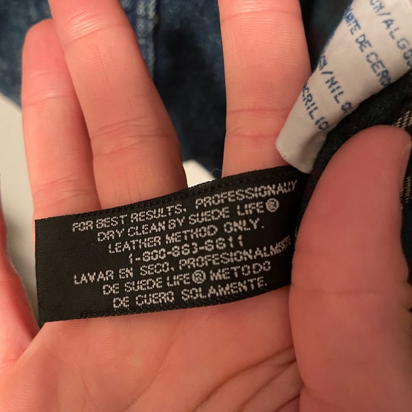 Vintage Arizona 90s Jean Jacket Flannel Lined Suede Leather Sleeves chore Coat L - Picture 5 of 15